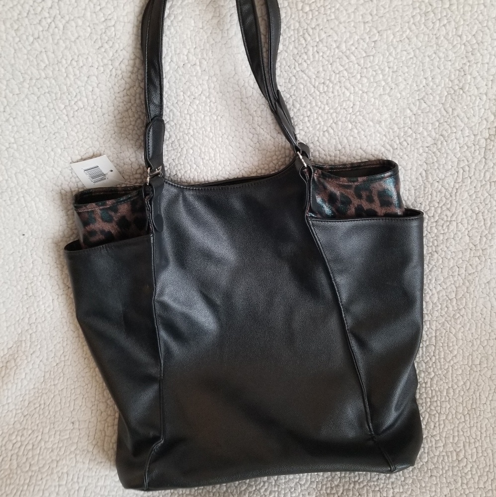 NEW Large Black tote with Leopard Cheetah Trim